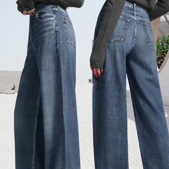 AnotherChill High-Waisted Wide-Leg Denim Sweatpant Jeans – Dark Wash – Size Med - Picture 1 of 5